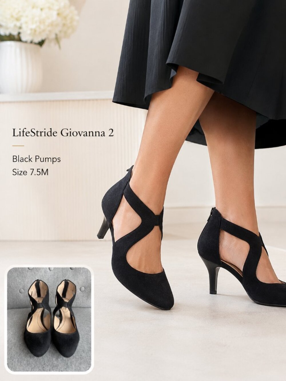 LifeStride Giovanna 2 Black Cutout Ankle Strap Pumps Size 7.5M Soft System